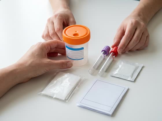 Lay it out β Cup, transfer tubes, wipe and absorbent sheet.